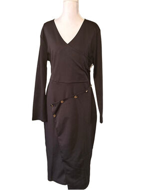 Black Asymmetrical Wrap Midi Dress Gold Hardware Long Sleeve L